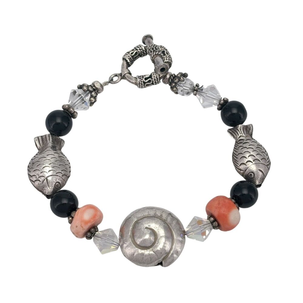 Vintage Sterling Silver 925 Nautical Fish Shell Beaded Charm Bracelet 7.5"